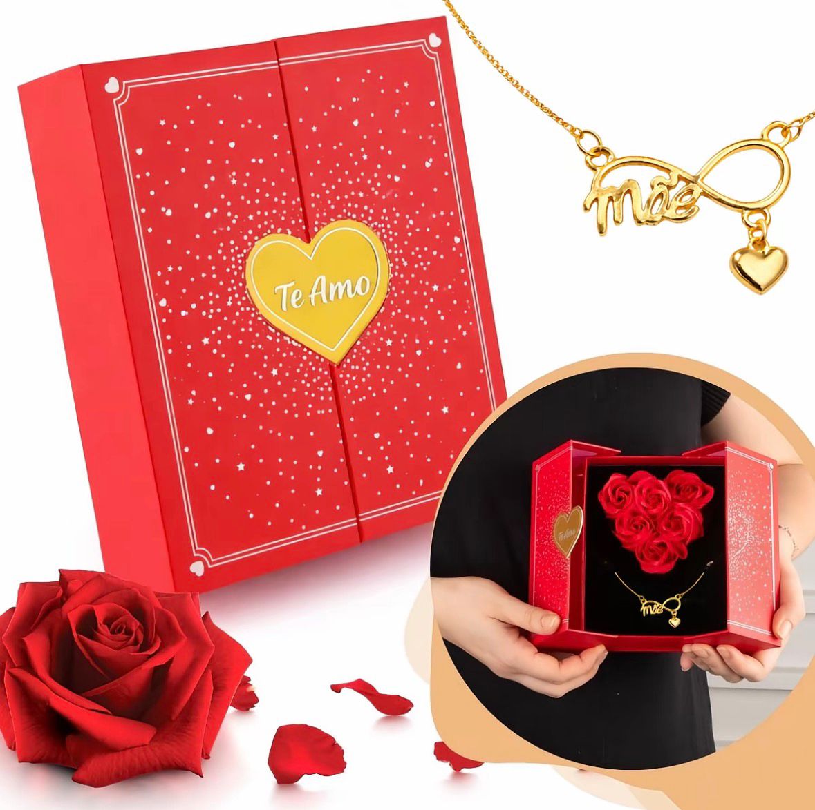 Composição do kit com colar, caixa e rosas